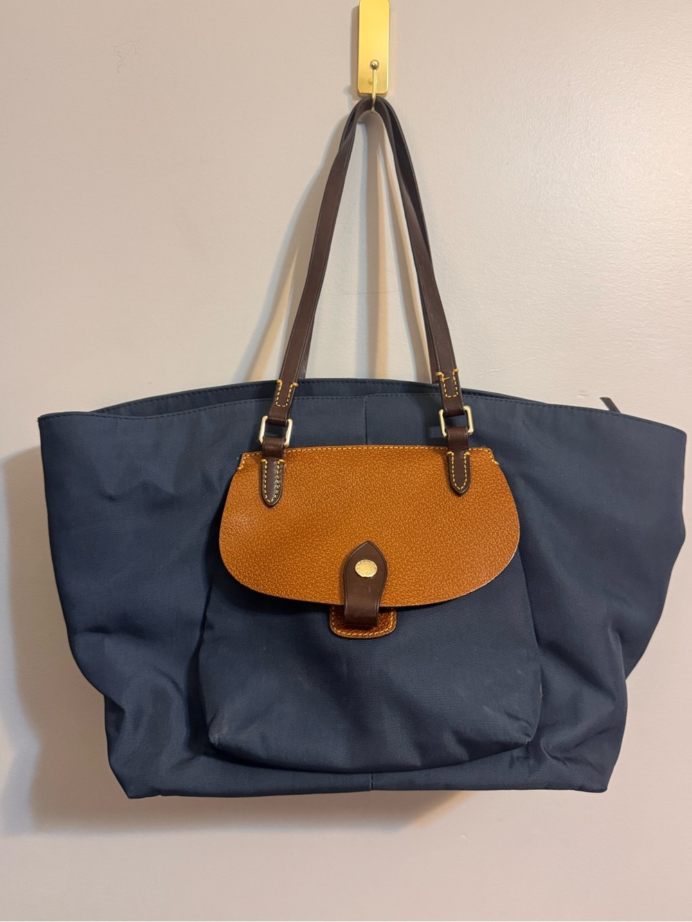 Dooney & Bourke Navy Tote with Brown Leather Flap